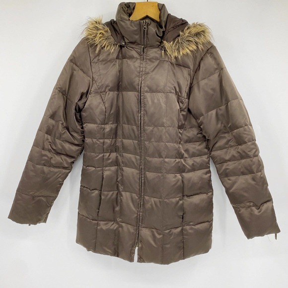 Style&Co Hooded Down Puffer Jacket Faux Fur Trim Brown Sz S - Picture 1 of 8